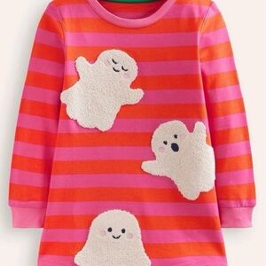 Mini Boden Sweatshirt Appliqué Dress, Vibrant Pink/Terracotta Ghosts, 2-3T